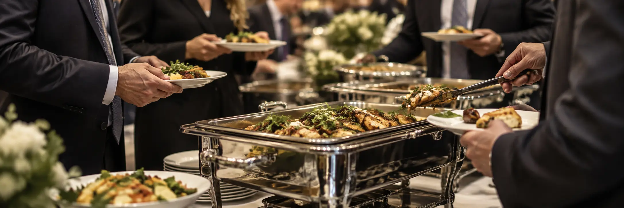 Corporate guests enjoying a professionally catered buffet in Southwest Florida