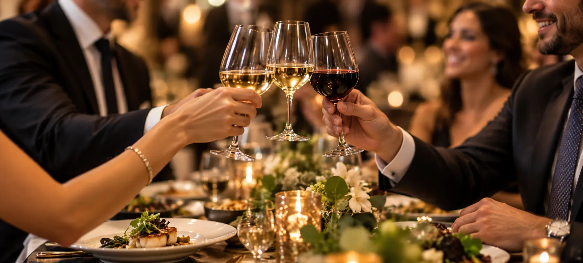 Guests raising wine glasses during a catered family gathering