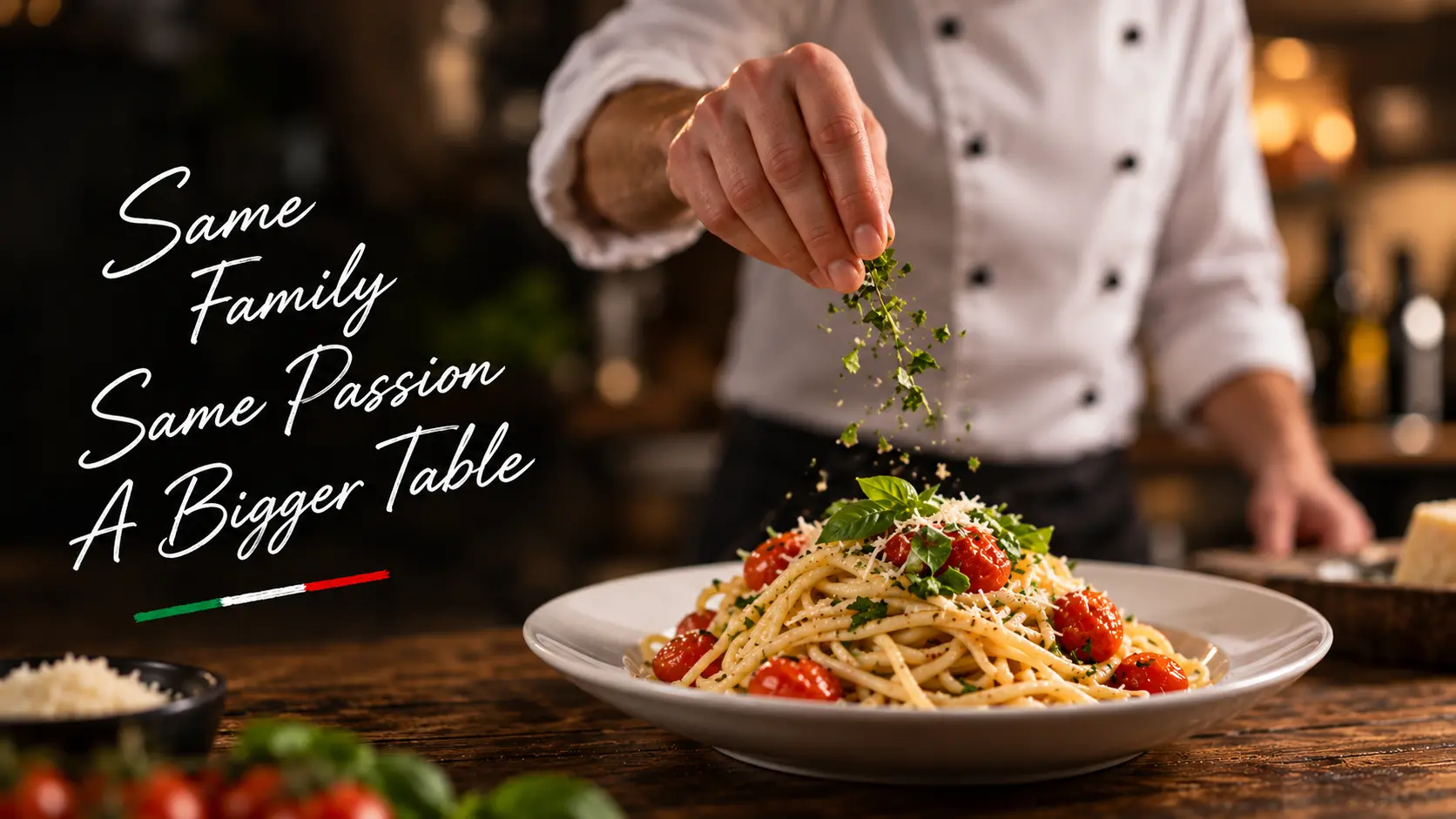 Chef finishing an Italian pasta dish with fresh herbs, representing Final Plate Catering's family restaurant heritage