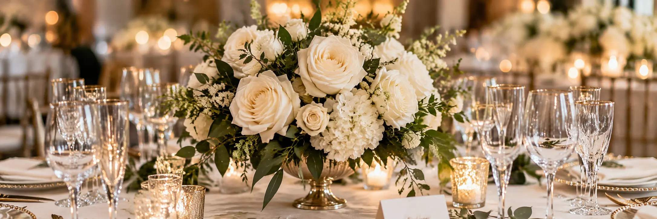 Elegant wedding reception table with ivory flowers and glassware